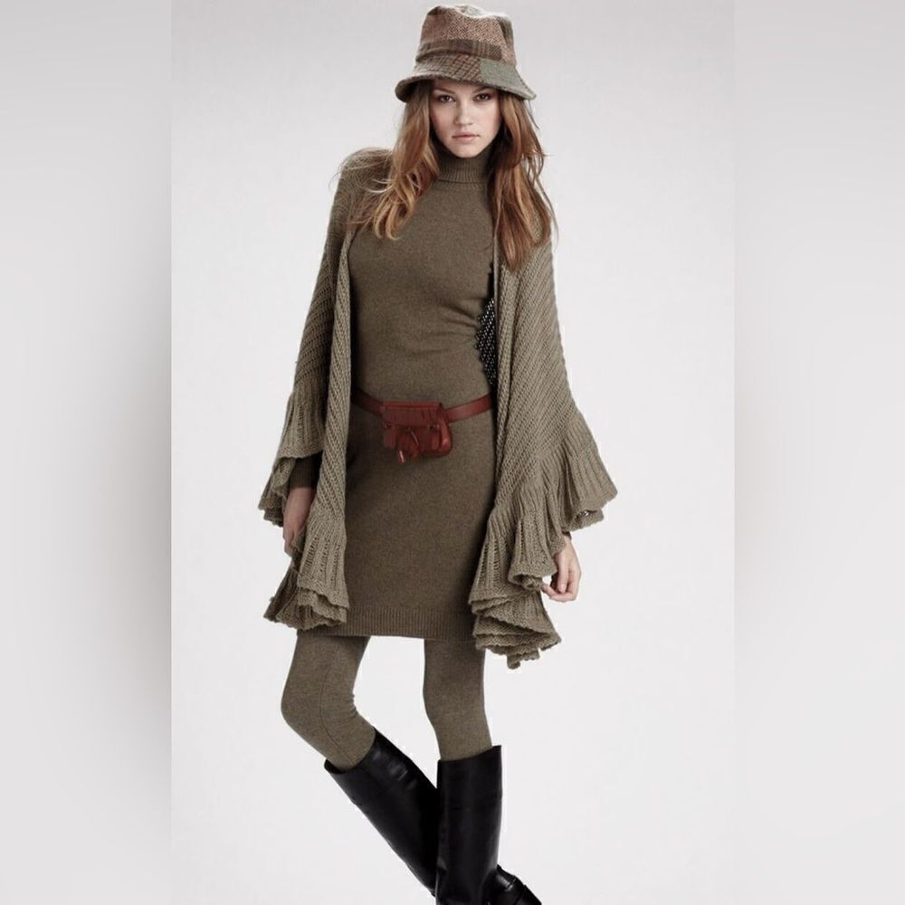 Ralph Lauren Olive Linen Alpaca Knit Ruffle Tiered Wrap